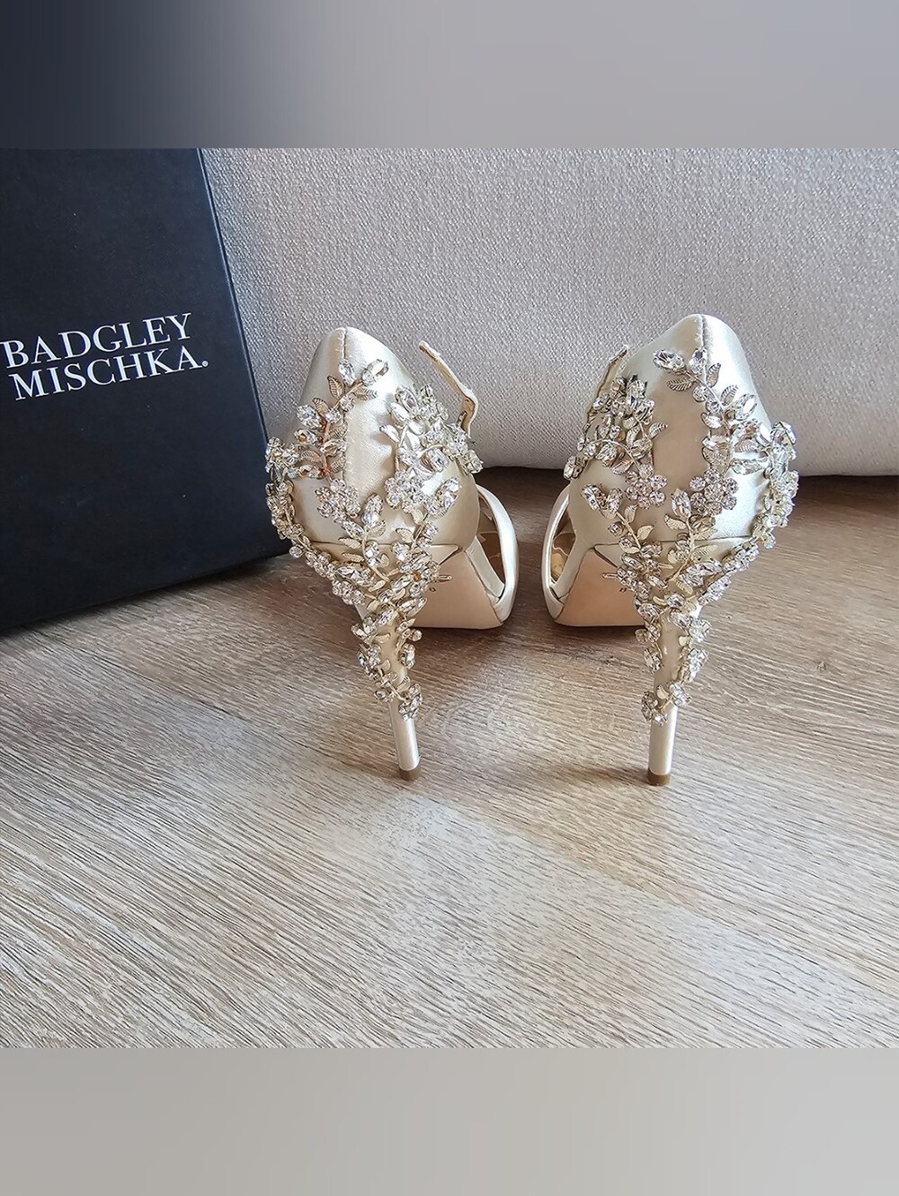 Badgley Mischka Fame Ivory Satin Crisscross Open-Toe Heels with Crystal Accent - Picture 5 of 11